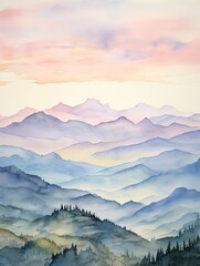 Mountain Wildlife Watercolors: A Panoramic Landscape of Majestic Mountains and a Myriad of far-off Creatures