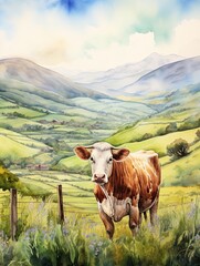 Fototapeta na wymiar Mountain Wildlife Watercolors: Majestic Pasture Wildlife in the Rolling Hills of the Countryside View
