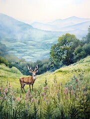 Mountain Wildlife Watercolors: Rolling Hills Art with Pasture Wildlife in Stunning Countryside View