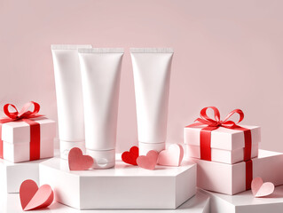 Closeup mockup of luxury cosmetic products in white plastic tubes standing on podiums, show case, studio room. Presents boxes with red ribbons. Gift for St Valentine's Day.
