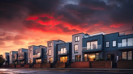 Modern terraced houses during sunset