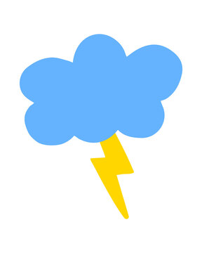 Cloud and lightning strike hand painted with brush. Doodle cloud and thunder bolt icon. Png clipart isolated on transparent background