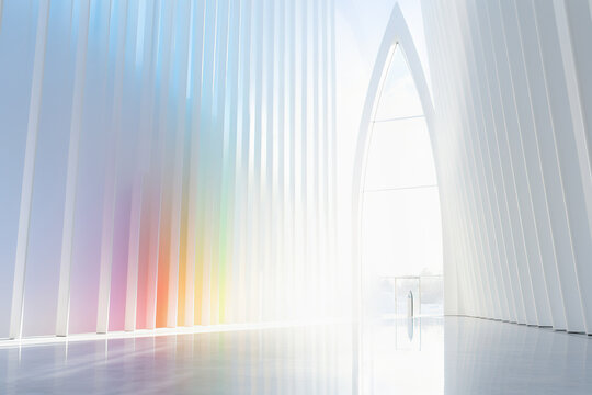 Futuristic interior architecture with silver crystal wall with rainbow reflection and glossy floor