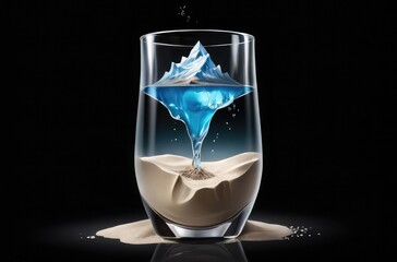glass of water with ice peak to sand 