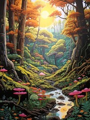 Nostalgic 90s Pop Culture Forest Wall Art: Immersive Woodland Scenes in a Technicolor Wonderland