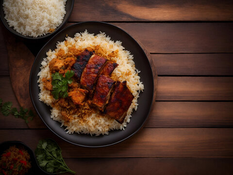 arabian kebuli briyani rice with lamb meet on wooden table