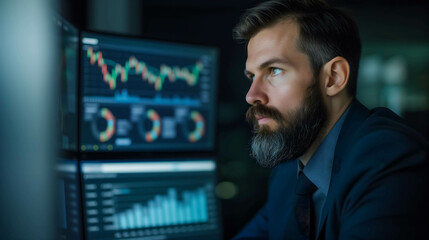 portrait of businessman or investor looking at the monitor screen financial dashborad, stock and currency market chart, focus on working