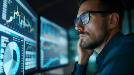 portrait of businessman or investor looking at the monitor screen financial dashborad, stock and currency market chart, focus on working