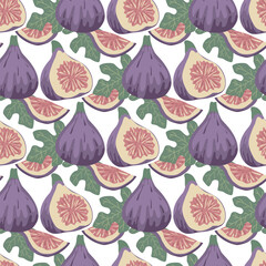 Hand drawn fig fruits and foliage seamless pattern. Tropical fruits whole, part and leaves background. Simple illustration of stylized purple ripe figs, print for textiles, packaging and design, vecto