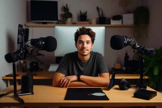 portrait of a male content creator in his studio with a microphone setup and screen, ready to record current content