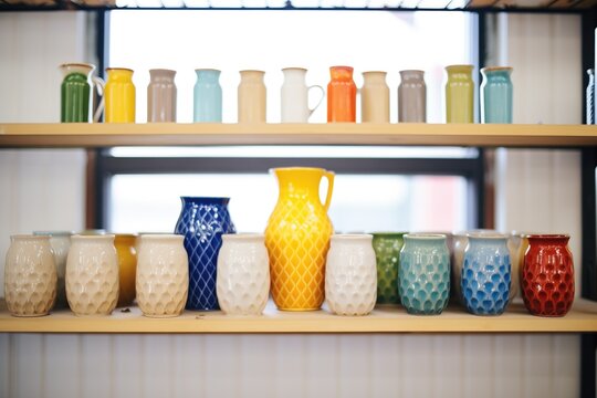 colorful ceramic glazes aligned on a studio shelf