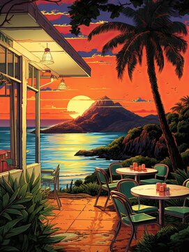 Retro Diner Island Scenes: Artwork of a Quaint Diner amid Tropical Paradise