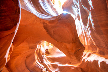 Beautiful wide-angle view of incredible sandstone formations in famous Antelope Canyon on a sunny...