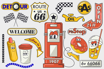 vintage car stickers for  gas station, cartoon character of stickers of gas station, groovy character fast food on gas station