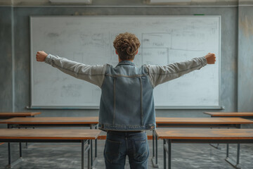 A student raises his hands to mark success in class - obrazy, fototapety, plakaty