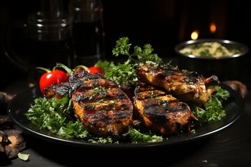 meat dish with vegetables herbs and seasonings on a dark background