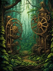 Steampunk Industrial Woodland Art Print: Forest Gears in Mechanical Woods