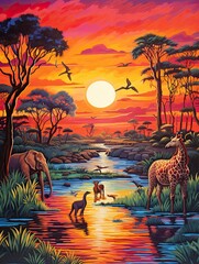 Vibrant African Safari Animals: Acrylic Landscape Art Showcasing Colorful Safari Scenes - obrazy, fototapety, plakaty