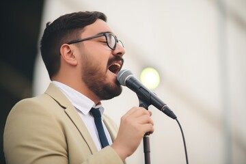 vocalist belting notes, microphone in hand