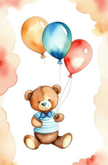 Obraz na płótnie Canvas birthday colorful watercolor greeting card - cute teddy bear toy with bow tie holding balloons.