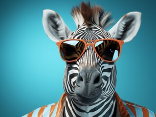 Zebra wearing sunglasses on light blue sky background