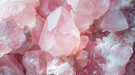 Rose quartz rough crystals, beautiful pink gemstone close-up luxury background. Concepts of spirituality and healing, precious gems and minerals collection.