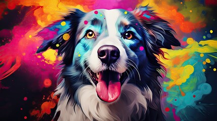 Portrait of funny smiling, colorful dog with color painting around, animal concept - obrazy, fototapety, plakaty