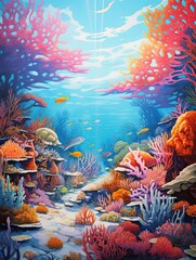 Fototapeta na wymiar Vibrant Coral and Fish Scenes: Stunning Beach Scene Painting Depicting Shores with Breathtaking Coral Reefs