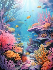 Fototapeta na wymiar Coral Reef Splendor: Vibrant Fish Scenes and Morning Mist Painting