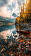 Mobile Wallpaper: Vertical Banner Featuring a Mountain Lake Surrounded by a Golden Autumn Forest, Mountain Peaks, and a Tranquil Boat on the Shoreline, Creating a Picturesque and Serene Scene