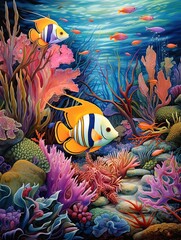 Vibrant Coral and Fish Scenes: Stream and Brook Art Featuring Marine Currents and Fish Paths