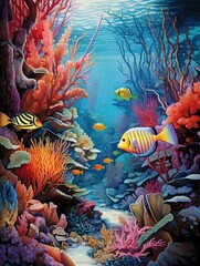 Fototapeta na wymiar Vibrant Coral and Fish Scenes: Stream and Brook Art, Marine Currents, and Fish Paths