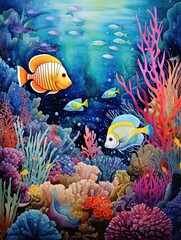 Naklejka na ściany i meble Vibrant Coral and Fish Scenes: Stunning Underwater Ocean Beauty Wall Art
