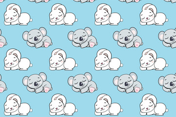 Fototapeta premium sleeping rabbit koala on blue background for boys seamless endless pattern vector illustration