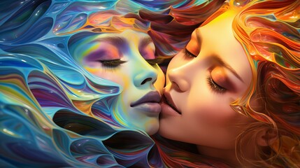 Loving lesbian couple kissing embraces passionately enveloped in vibrant multicolored viscous liquid represents their individuality, example of LGBT love is vivid expression of passion and sensuality - obrazy, fototapety, plakaty
