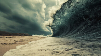 A massive tsunami wave approaches a deserted tropical beach with mountains beyond.