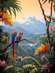 Vibrant Tropical Birds Mountain Landscape Art: High-Altitude Species Murmuring at Sunrise