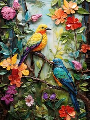 Vibrant Tropical Birds Rustic Wall Decor � Forest Birdlife Snapshots