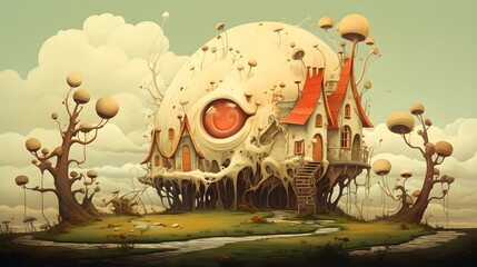 A painting of a steampunk airship with a castle on the top.
 - obrazy, fototapety, plakaty