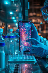 Phone screen, science hands test results for drugs, virus and bacteria on medical mobile app in laboratory generative ai - obrazy, fototapety, plakaty