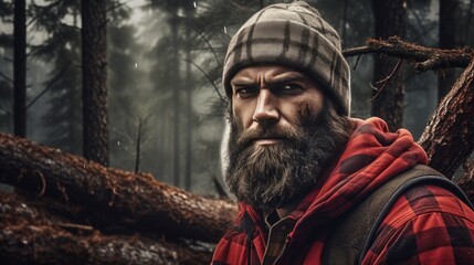 Portrait of lumberjack fells trees, cuts them into logs, or transports them to a sawmill in the wood, hard work profession - obrazy, fototapety, plakaty
