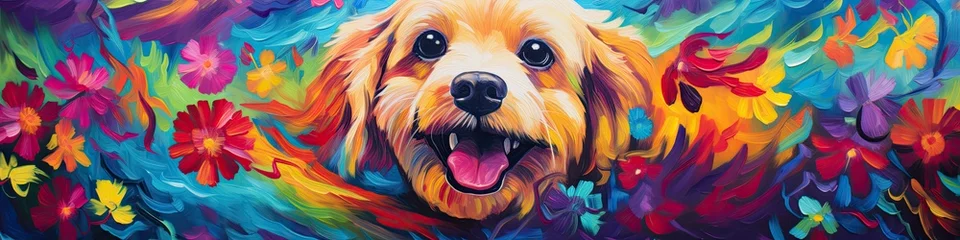 Foto op Plexiglas Portrait of funny smiling, colorful dog with color painting around, animal concept © Khaligo