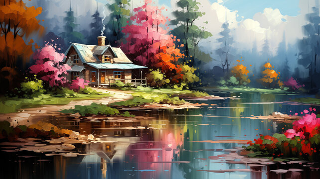 Oil Painting in Post-Impressionist Style: Charming Lakeside Cottage Nestled in an Autumn Forest, Bursting with Vibrant Colors of Early Fall, Creating a Captivating Background or Wallpaper 