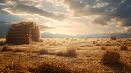 Beautiful landscape with rolls of hays and sunset
