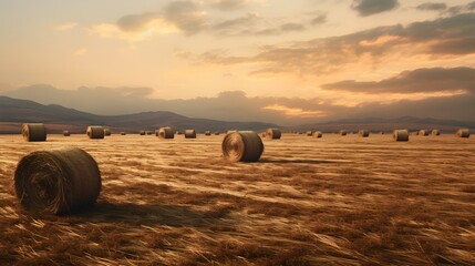 Beautiful sunset illuminates a farm field with hay bales spread across the landscape, ai-generated
