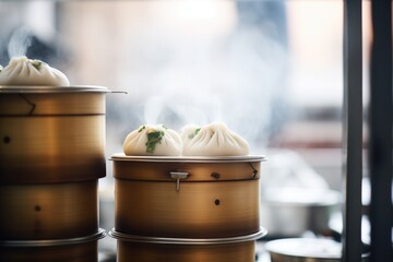 piping hot baozi buns stacked in a steamer for sale - obrazy, fototapety, plakaty