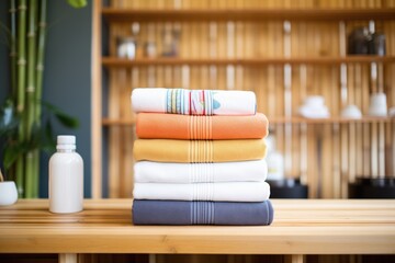 fresh towels stacked neatly on a bamboo shelf