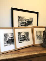Vintage Hot Rod Sketches: Framed Landscape Print of Classic Car Drawings