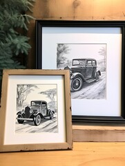 Vintage Hot Rod Sketches Framed Landscape Print: Revitalizing Classic Car Art - obrazy, fototapety, plakaty
