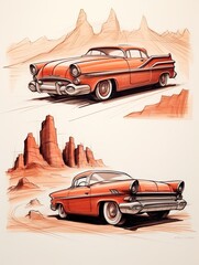 Vintage Hot Rod Sketches: Modern Landscapes and Retro Cars Unite
